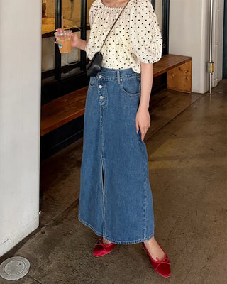 Asymmetrical 3-button denim long skirt