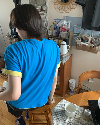 (Unisex) Two-tone layered cropped short-sleeve T-shirt