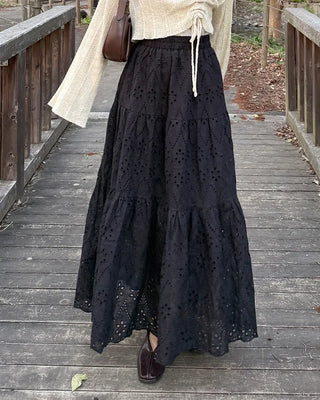 Perforated lace long skirt