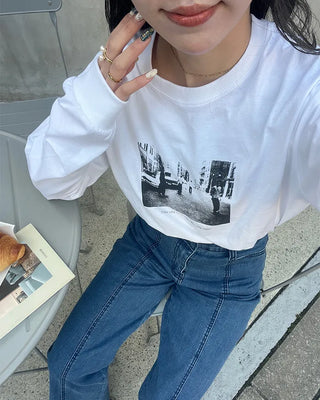 Photo print long-sleeved T-shirt