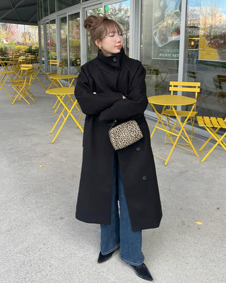 High-neck belted long coat