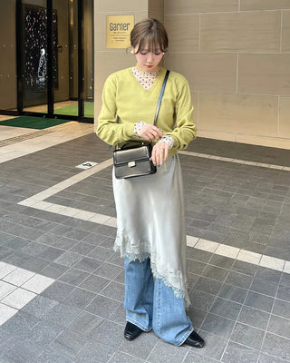 Satin lace long skirt