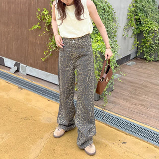 Leopard print denim pants