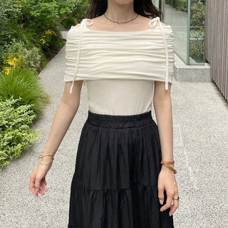 Ribbon open shoulder T-shirt