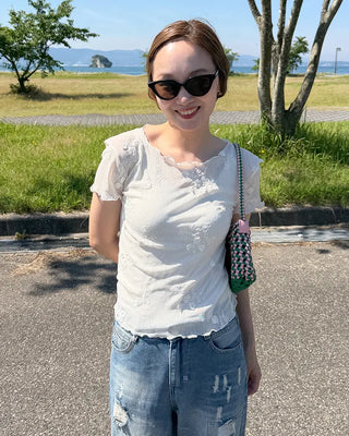Flower Sheer Scallop Short Sleeve T-Shirt