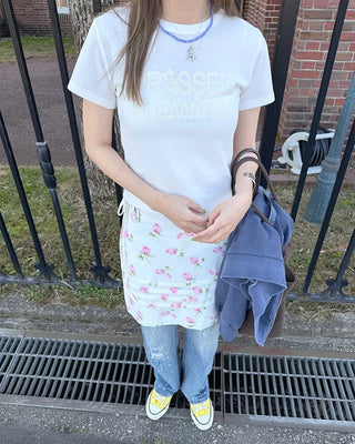 Flower print lettering short-sleeve T-shirt