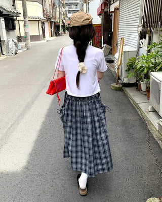 Checked pocket banded long skirt