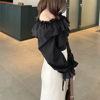 V-neck frill ribbon blouse
