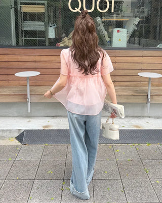 Organza ruffle balloon sleeve blouse