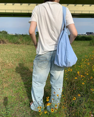 Washed denim pants with double back pockets
