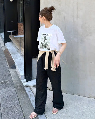 Perforated detail elastic waist easy pants