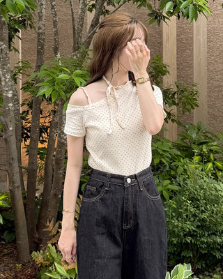 Dot Asymmetric Off-Shoulder Short-Sleeve T-Shirt