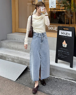 Front slit slim fit denim long skirt