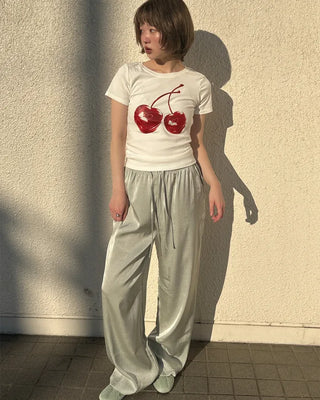Waistband string silk wide-leg pants