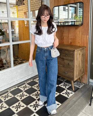 Rolled-up denim wide-leg pants