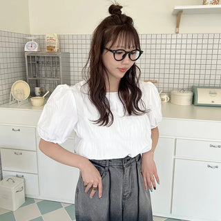 Pleated short-sleeved blouse