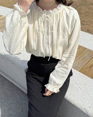 Frill neck ribbon strap blouse
