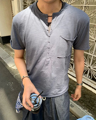 One-pocket slub henley neck short-sleeved T-shirt