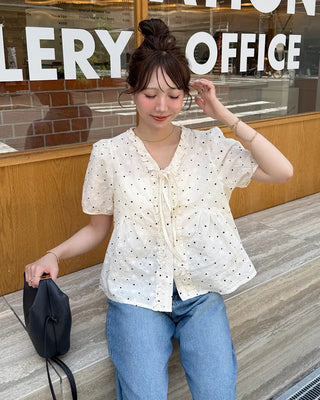 V-neck polka dot pattern ruffle blouse