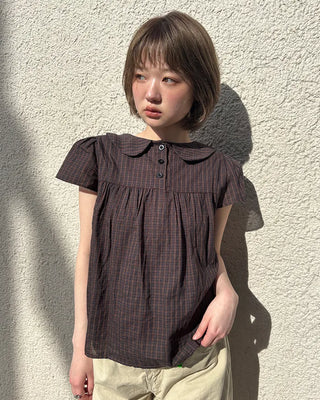 Frilled Shirring Check Blouse