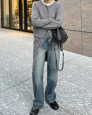 Washed straight denim pants