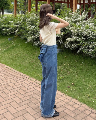 Back ribbon frill denim pants