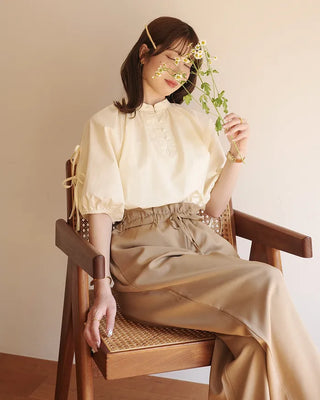 (ORIGINAL) Henley Neck Ribbon Balloon Blouse