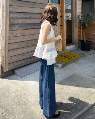 Pocket Two-Button Wide Denim Pants
