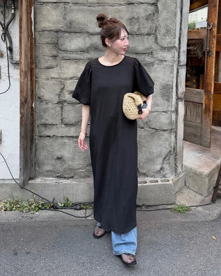 Balloon puff half-sleeve long dress