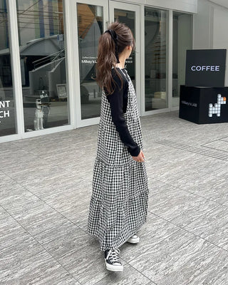 Checked belt long dress