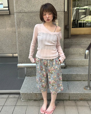 V-neck sheer long-sleeve knit