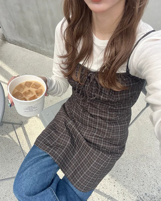 Shirred check sleeveless mini dress