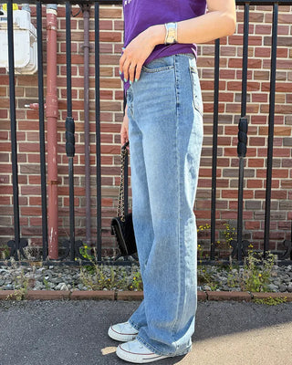 Washed straight denim pants
