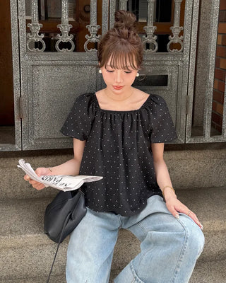 Front Ribbon Smock Gathered Blouse