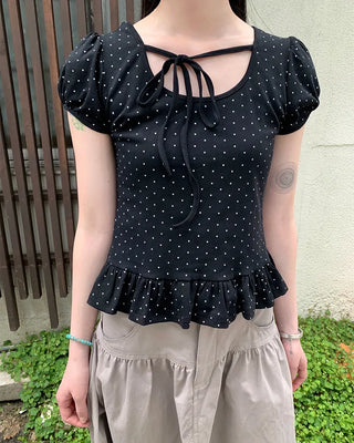 Two-tone polka dot frill puff sleeve T-shirt