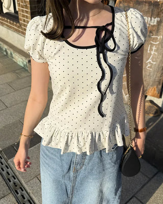 Dot neck string short-sleeved T-shirt
