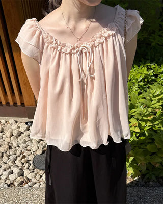 Frilled ribbon chiffon off-shoulder blouse
