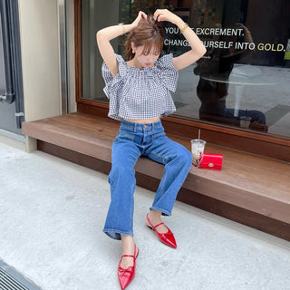 Gingham check frill blouse