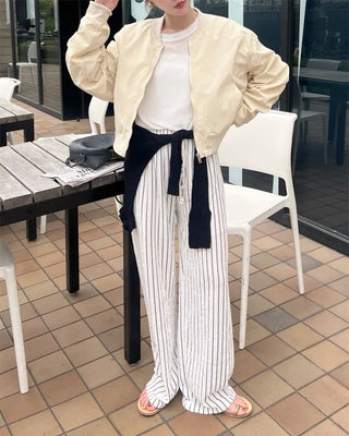 Striped string point wide-leg pants with elastic waistband