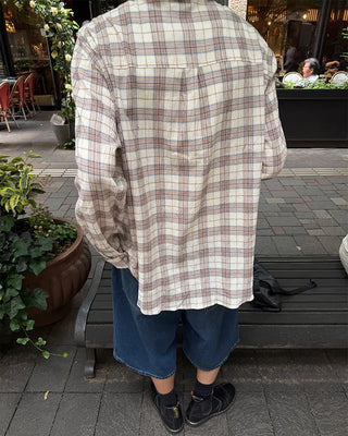 Oversized seersucker check long-sleeved shirt