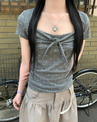 Lace trim polka dot front ribbon short-sleeved T-shirt