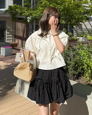 Drawstring Ribbon Asymmetrical Short-Sleeve Shirt