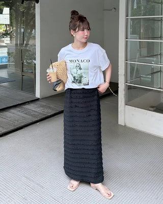 Frilled elastic waist long skirt