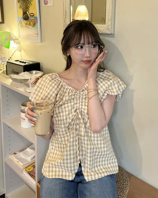 Checked Shirred V-Neck Blouse