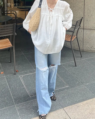 Shirred V-neck long blouse