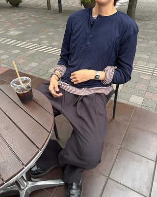 Henley neck summer long-sleeved knit