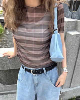 Checkered sheer short-sleeved T-shirt