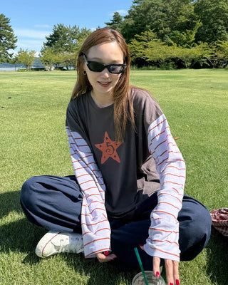 Vintage star print sleeve striped T-shirt