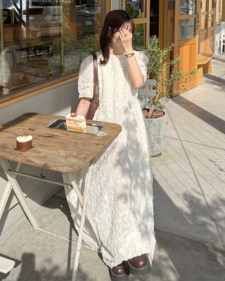 Flower Pattern Puff Long Dress