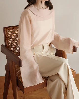 (ORIGINAL) Round Collar Button Sheer Blouse